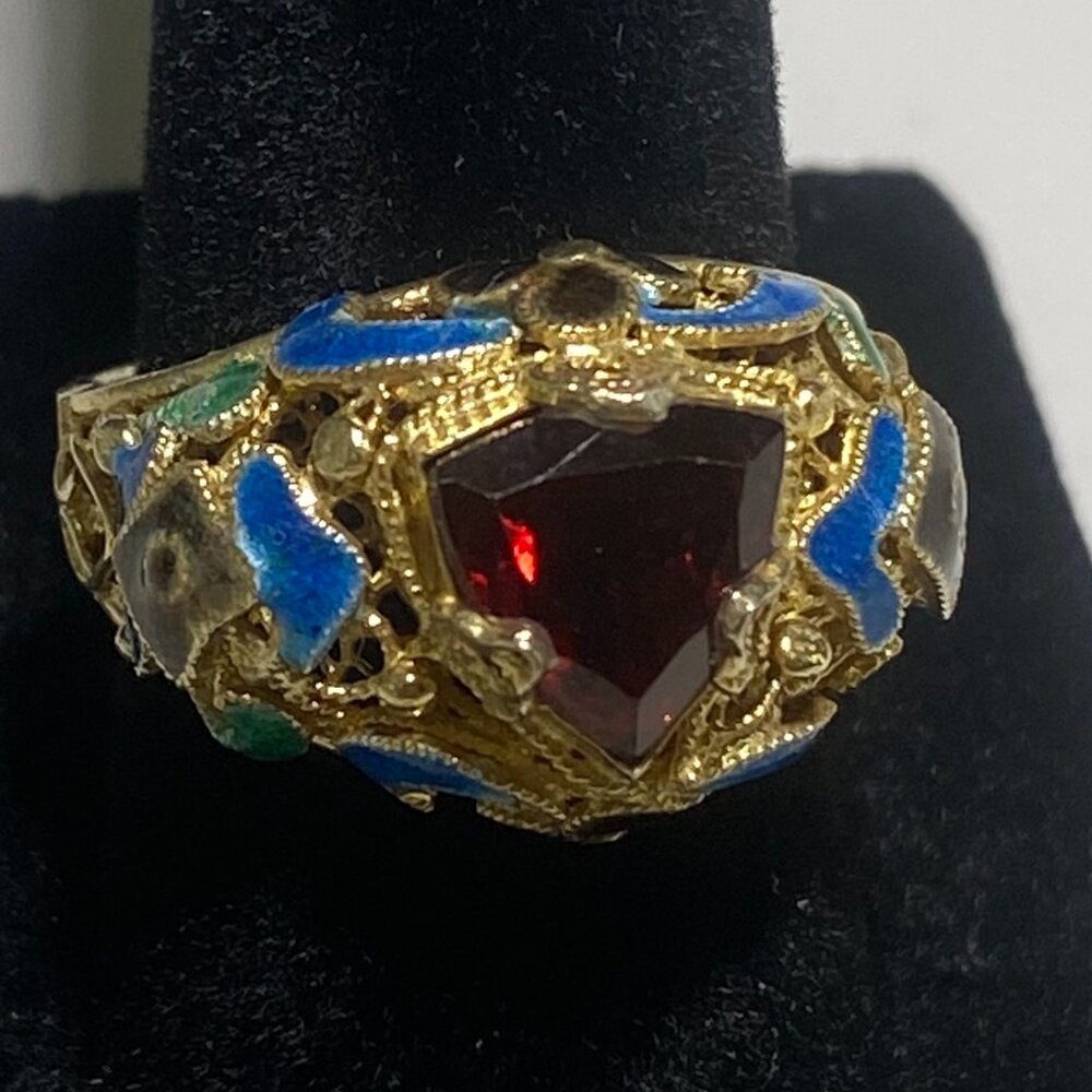 Barbara Garwood Garnet Ring Collectable Mongolian Art 14K over Silver